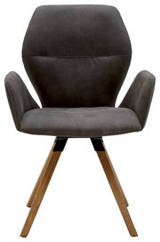 Vorderansicht eines modernen Armlehnenstuhls mit grauem Polster und Holzbeinen.