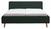 Frontale Ansicht eines Polsterbettgestells mit dunkelgrünem Stoffbezug und Holzfüßen, ausgestattet mit zwei weißen Matratzen.