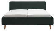 Frontale Ansicht eines Polsterbettgestells mit dunkelgrünem Stoffbezug und Holzfüßen, ausgestattet mit zwei weißen Matratzen.