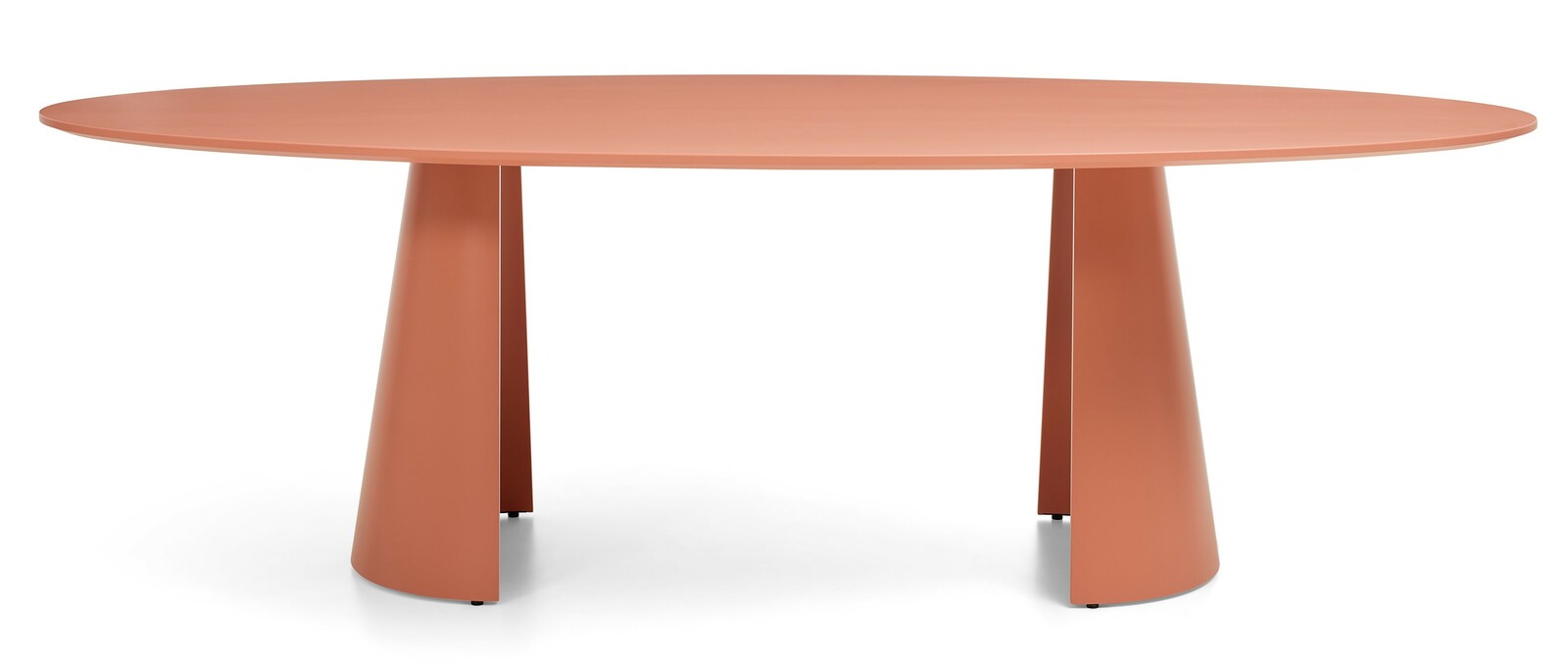 Ovaler Esstisch in Terrakotta-Farbe mit zwei konischen Beinen, seitliche Perspektive