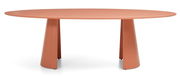 Ovaler Esstisch in Terrakotta-Farbe mit zwei konischen Beinen, seitliche Perspektive