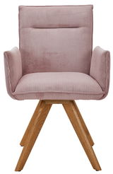 Vorderansicht eines rosa Armlehnstuhls mit Holzbeinen