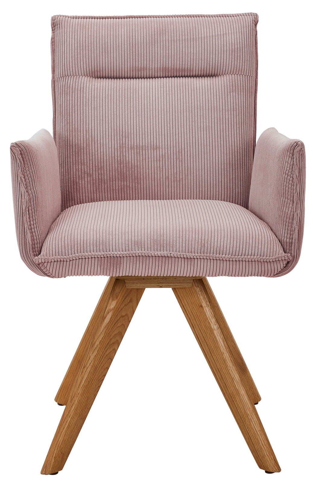 Vorderansicht eines rosa Armlehnstuhls mit Holzbeinen