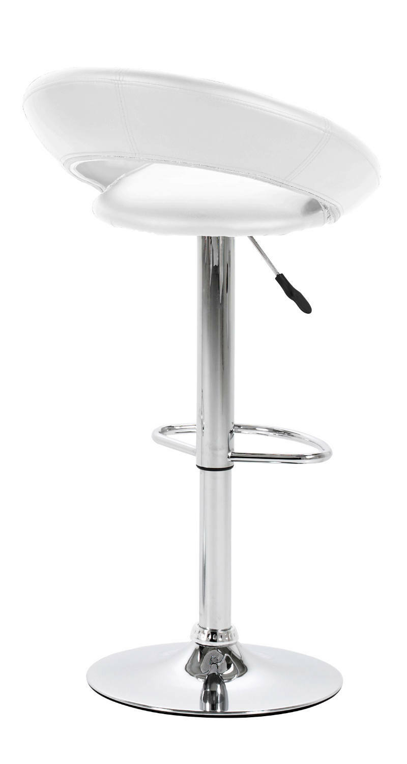 Moderner weißer Barhocker mit verchromtem Gestell, seitliche Perspektive