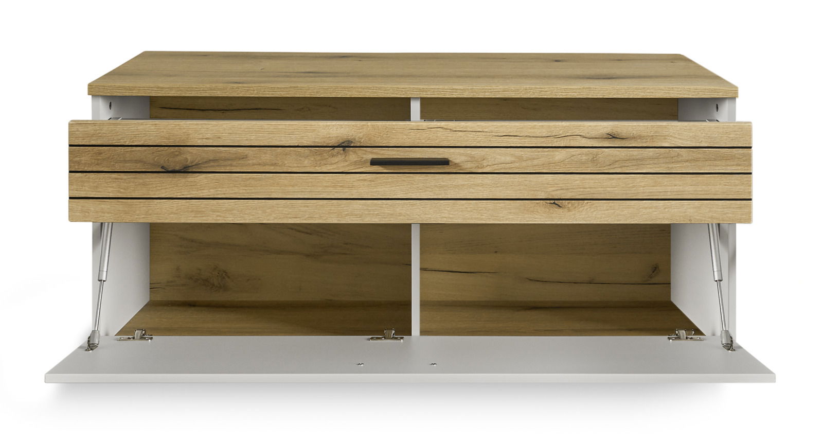 Frontansicht eines TV-Lowboards aus Holz mit einer offenen Klappe und zwei Fächern.