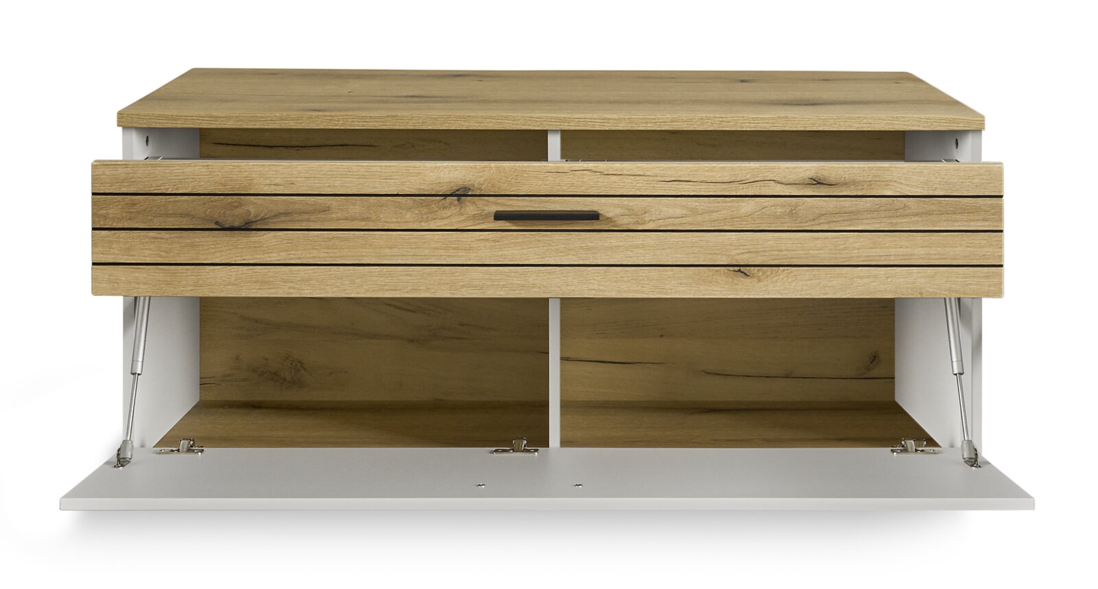Frontansicht eines TV-Lowboards aus Holz mit einer offenen Klappe und zwei Fächern.