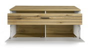 Frontansicht eines TV-Lowboards aus Holz mit einer offenen Klappe und zwei Fächern.