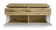 Frontansicht eines TV-Lowboards aus Holz mit einer offenen Klappe und zwei Fächern.