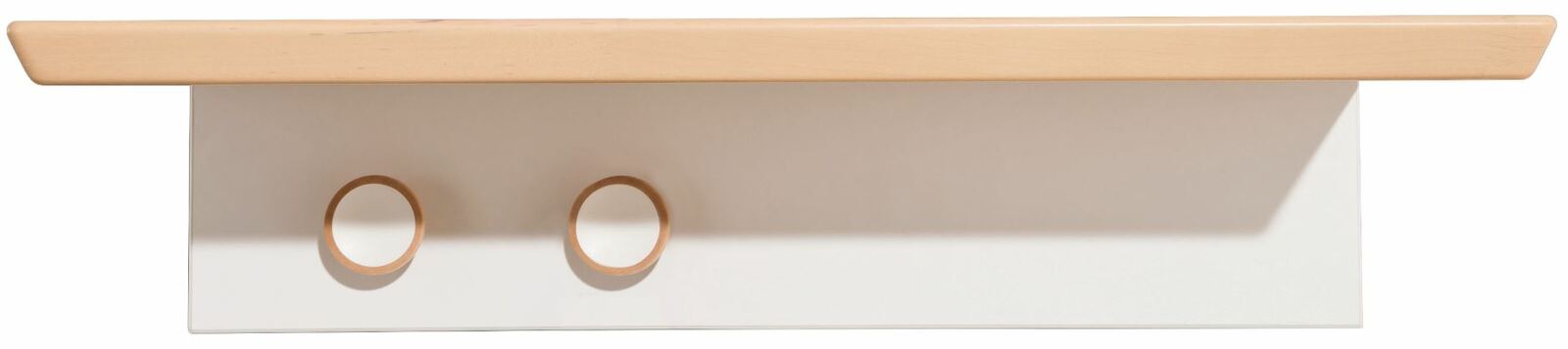 Wandregal aus Holz mit zwei runden Aussparungen, Ansicht von vorne