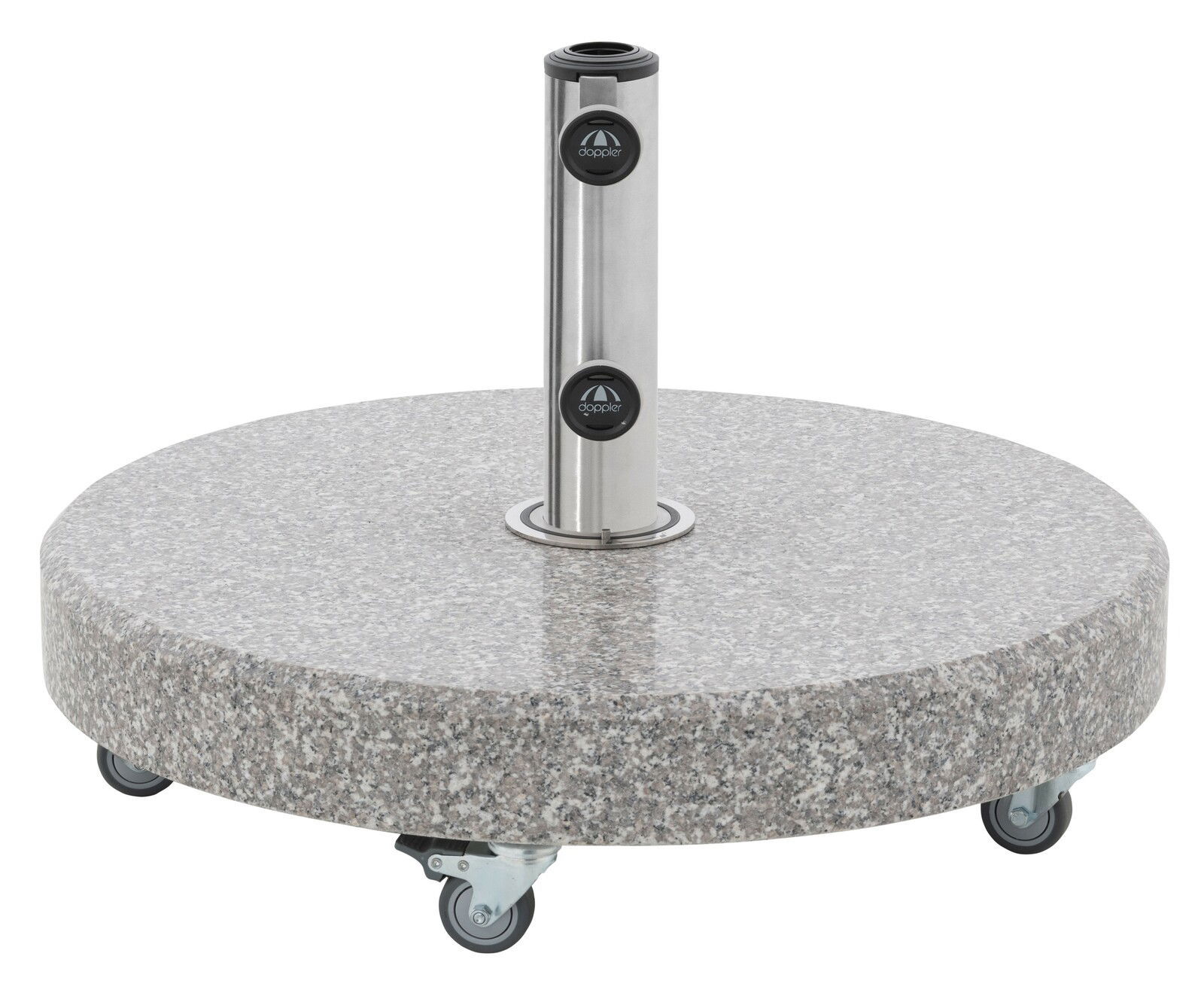 Granit-Sonnenschirmständer mit Rollen, seitliche Perspektive