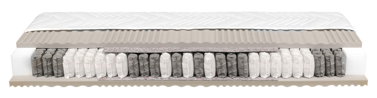 Querschnitt einer Taschenfederkernmatratze H3 mit verschiedenen Schichten und Federn in einer seitlichen Perspektive.
