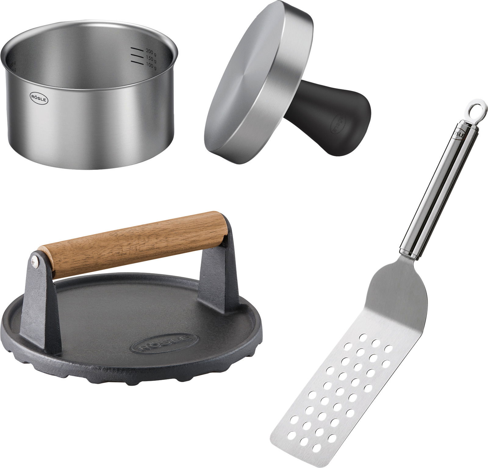 BBQ Burger Set bestehend aus einem Edelstahl-Topf, einem Burgerpresse, einem Grillwender und einem Grillgewicht, aus der Vogelperspektive.