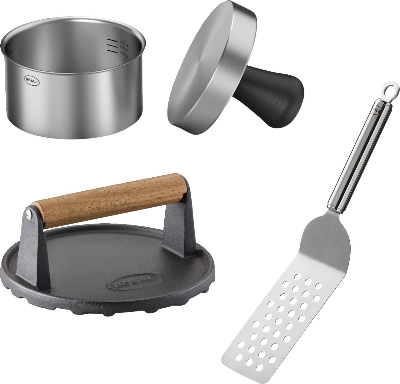 BBQ Burger Set bestehend aus einem Edelstahl-Topf, einem Burgerpresse, einem Grillwender und einem Grillgewicht, aus der Vogelperspektive.