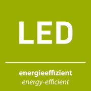 Grünes LED-Label mit weißer Aufschrift „LED“ und dem Text „energieeffizient / energy-efficient“, frontale Ansicht