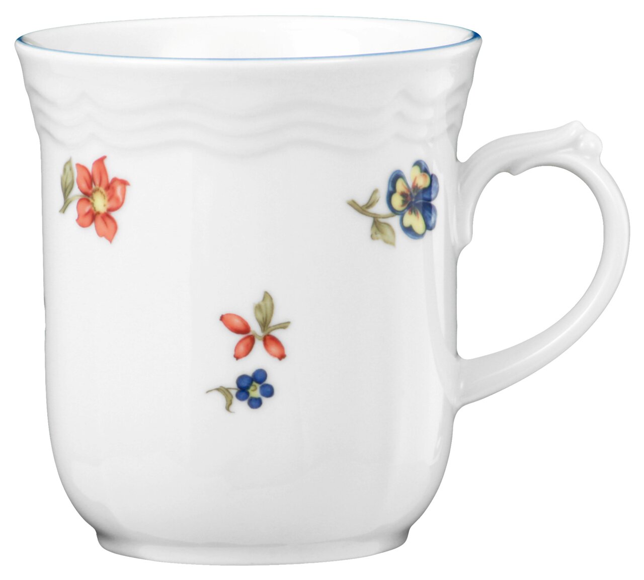 Weiße Porzellantasse mit Henkel, verziert mit bunten Blumenmotiven, seitliche Perspektive