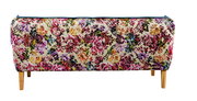 Gepolsterte Sitzbank mit buntem Blumenmuster-Bezug und Holzfüßen, Frontansicht auf weißem Hintergrund