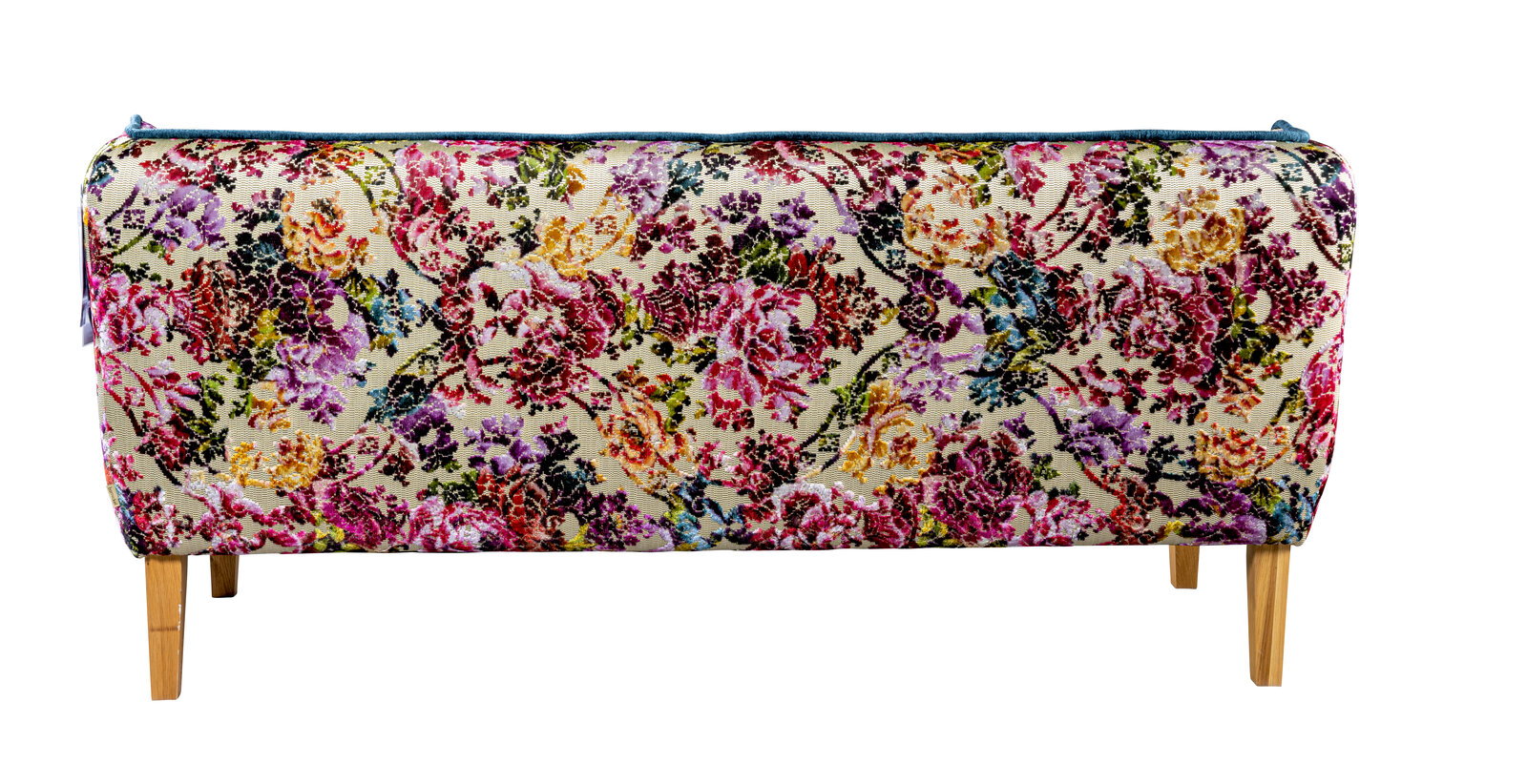 Gepolsterte Sitzbank mit buntem Blumenmuster-Bezug und Holzfüßen, Frontansicht auf weißem Hintergrund