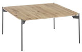 Moderner Couchtisch mit quadratischer Holzplatte und schlanken Metallbeinen, seitliche Perspektive
