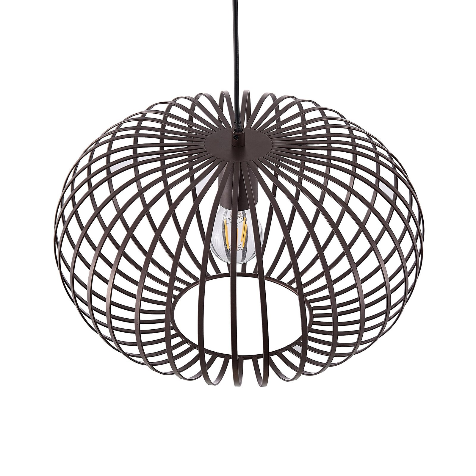 Moderne Hängeleuchte aus Metall mit offenem, kugelförmigem Design, von oben betrachtet.