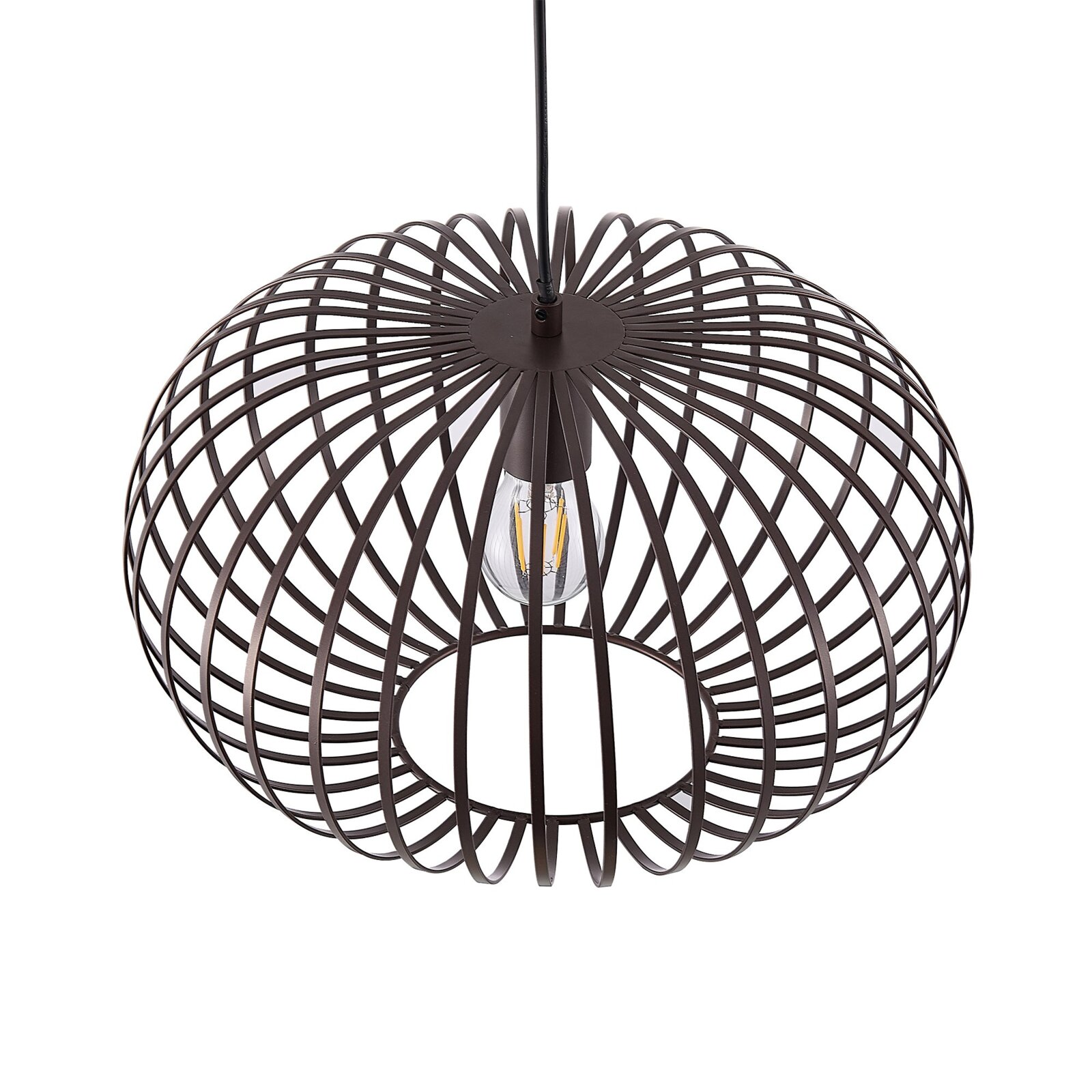 Moderne Hängeleuchte aus Metall mit offenem, kugelförmigem Design, von oben betrachtet.