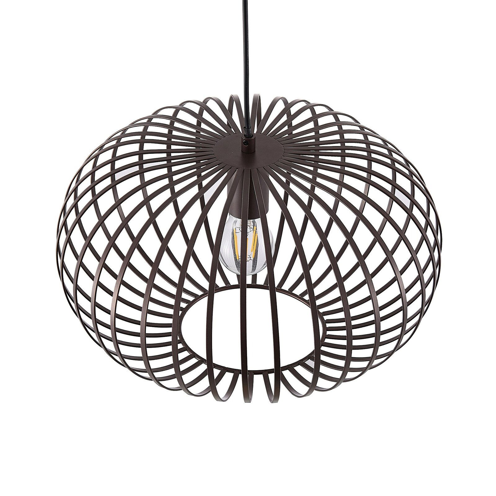 Moderne Hängeleuchte aus Metall mit offenem, kugelförmigem Design, von oben betrachtet.