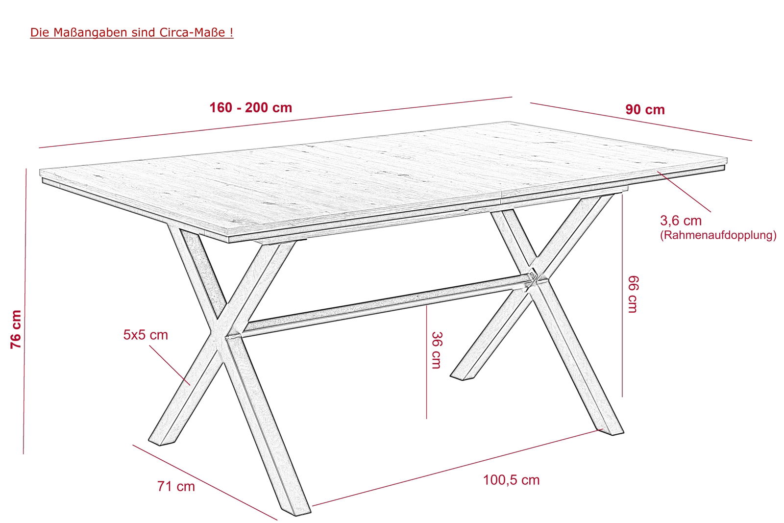 Esstisch mit X-förmigen Beinen, Maße: 160-200 cm Länge, 90 cm Breite, 76 cm Höhe, seitliche Perspektive