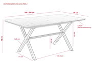 Esstisch mit X-förmigen Beinen, Maße: 160-200 cm Länge, 90 cm Breite, 76 cm Höhe, seitliche Perspektive