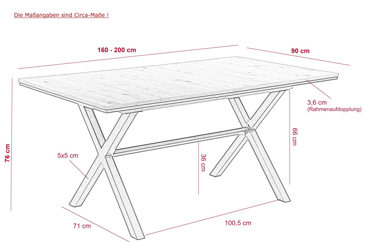 Esstisch mit X-förmigen Beinen, Maße: 160-200 cm Länge, 90 cm Breite, 76 cm Höhe, seitliche Perspektive