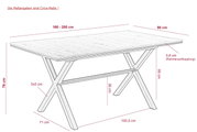 Esstisch mit X-förmigen Beinen, Maße: 160-200 cm Länge, 90 cm Breite, 76 cm Höhe, seitliche Perspektive