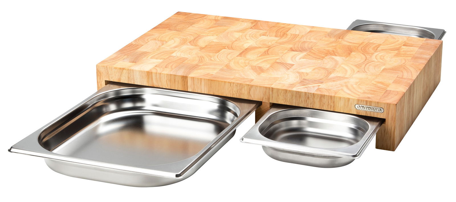 Multifunktionsbrett aus Holz mit drei herausziehbaren Edelstahl-Schalen, perspektivisch von vorne rechts fotografiert.