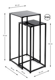 Zweiteiliges Beistelltisch-Set in Schwarz mit Metallgestell und ESG-Sicherheitsglasplatten (DIN 1249), größere Tischplatte ca. 30×30 cm bei 70 cm Höhe, kleiner Tisch ca. 25×25 cm bei 60 cm Höhe, dargestellt in schräger Frontansicht (3/4-Perspektive) mit M
