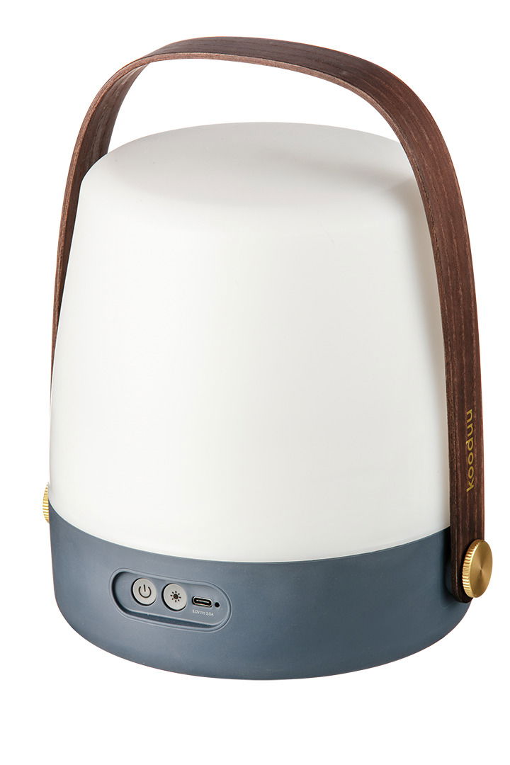 Tragbare Lampe mit modernem Design, seitliche Ansicht, mit Holzgriff und Bedienelementen an der Basis.