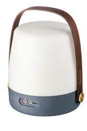 Tragbare Lampe mit modernem Design, seitliche Ansicht, mit Holzgriff und Bedienelementen an der Basis.