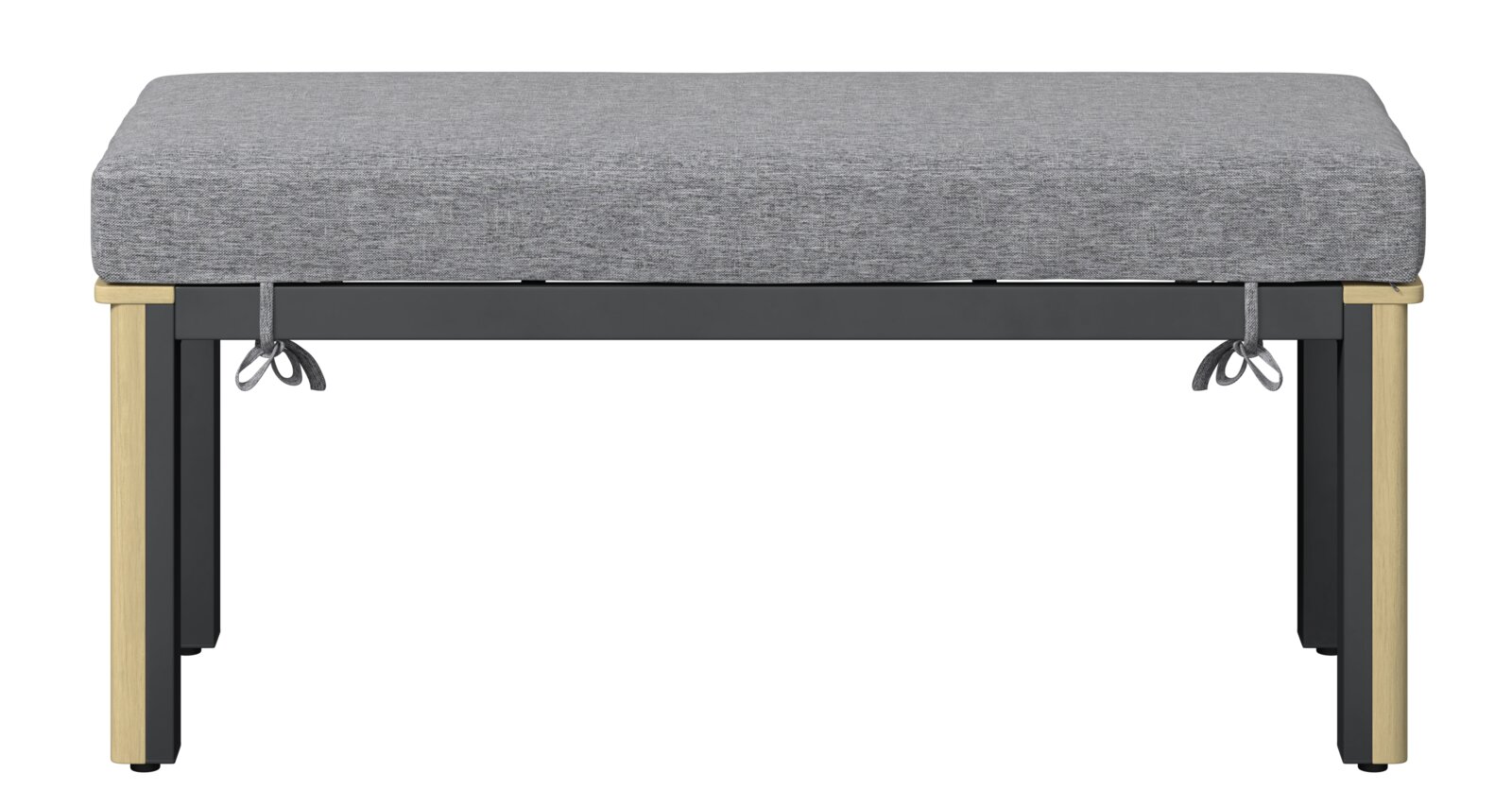 Frontale Ansicht eines modernen Lounge-Hockers mit grauem Polster und schwarzen Metallbeinen.