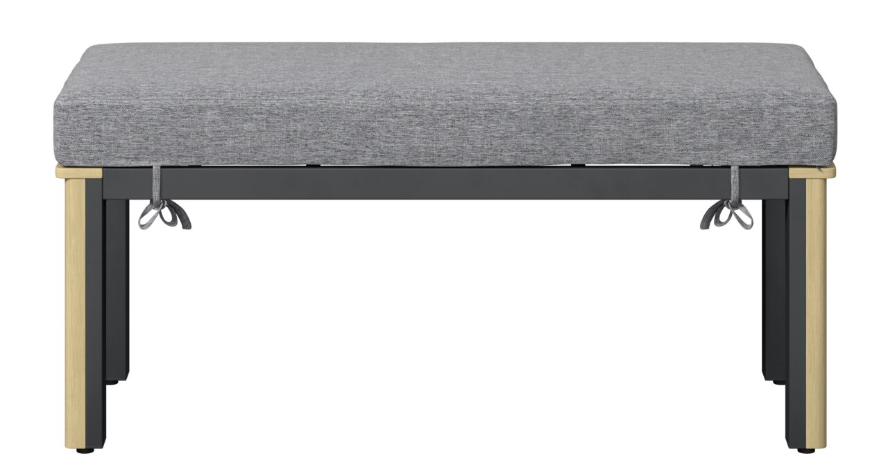 Frontale Ansicht eines modernen Lounge-Hockers mit grauem Polster und schwarzen Metallbeinen.