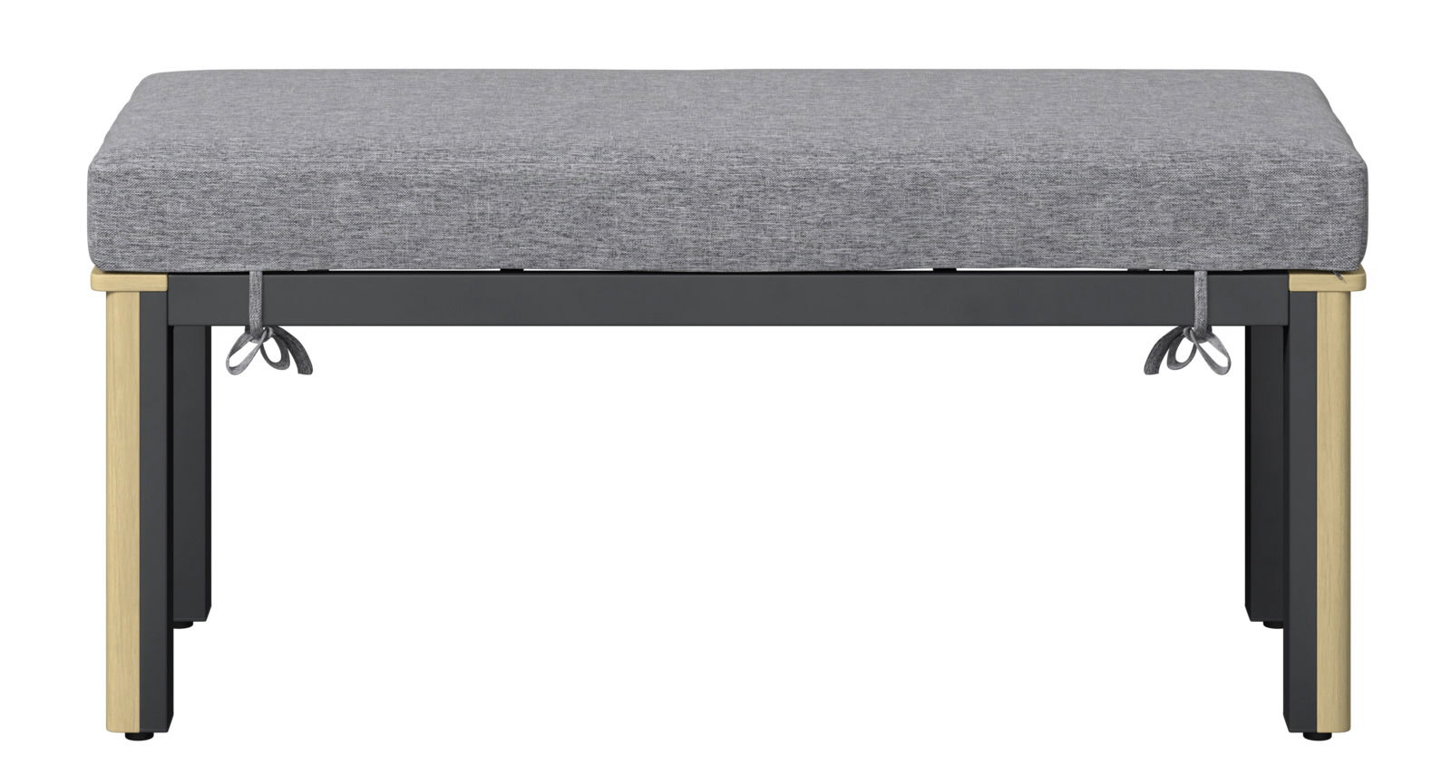 Frontale Ansicht eines modernen Lounge-Hockers mit grauem Polster und schwarzen Metallbeinen.