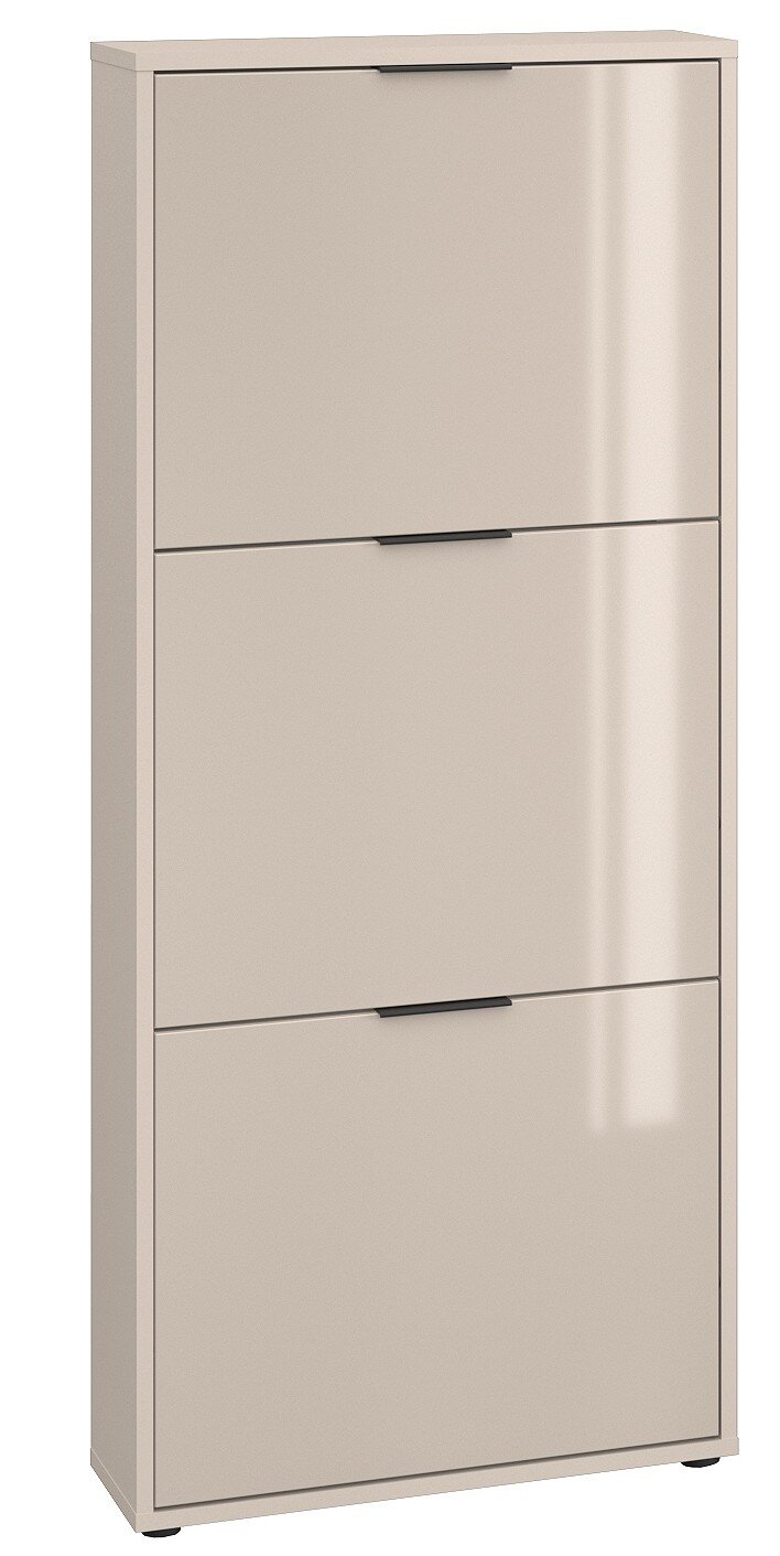 Beiger, schmaler Schuhschrank mit drei Klappfächern und schwarzen Griffleisten, freistehend, in leicht schräger Frontansicht von vorn