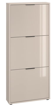 Beiger, schmaler Schuhschrank mit drei Klappfächern und schwarzen Griffleisten, freistehend, in leicht schräger Frontansicht von vorn
