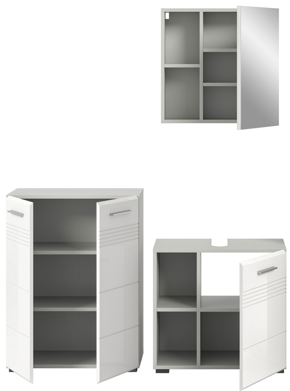 Badezimmerschrank-Kombination in Weiß mit glänzenden Türen, bestehend aus einem hohen Schrank, einem Waschbeckenunterschrank und einem Hängeschrank mit Spiegel, aus der Frontalperspektive.