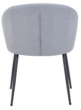 Rückansicht eines grauen Stuhls mit schwarzem Metallgestell