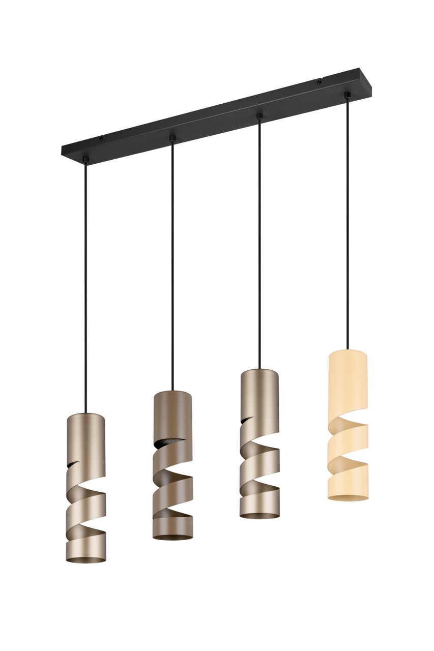 Moderne Pendelleuchte mit vier spiralförmigen Lampenschirmen in verschiedenen Farbtönen, von der Seite betrachtet.