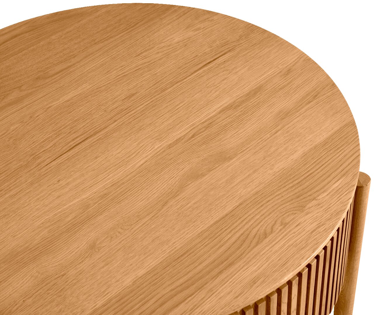 Runder Couchtisch aus Holz mit Lamellen-Design, Ansicht von oben