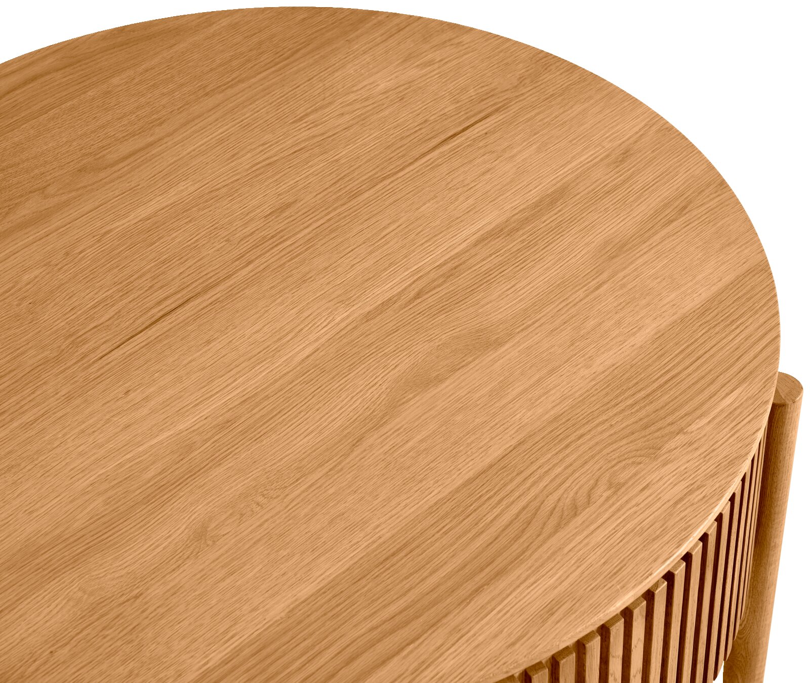 Ronde houten salontafel met lamellenpatroon, bovenaanzicht