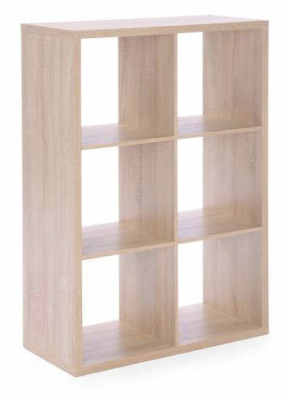 Regalwürfel aus Holz mit sechs Fächern, seitliche Perspektive