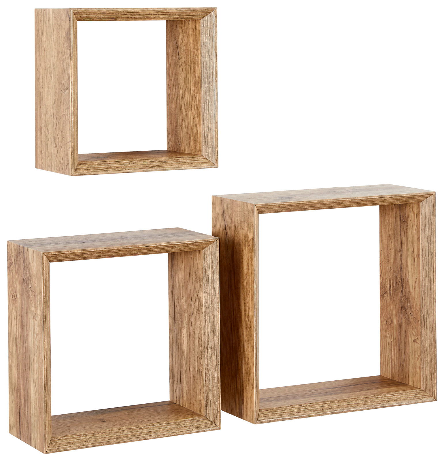 Dreiteiliges Wandregal-Set aus Holz in quadratischer Form, aus der Perspektive von vorne betrachtet.
