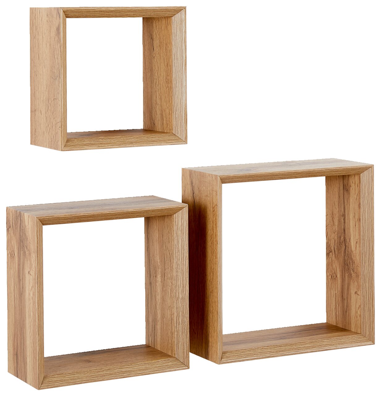 Dreiteiliges Wandregal-Set aus Holz in quadratischer Form, aus der Perspektive von vorne betrachtet.