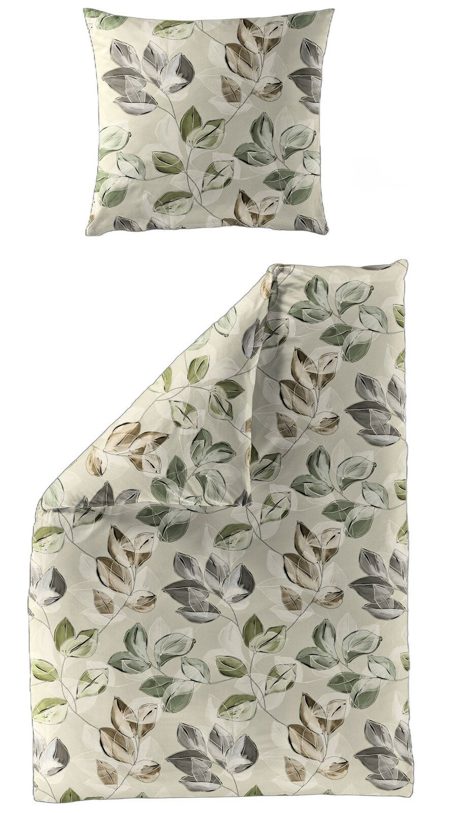 Bettwäsche-Set mit Blättermuster in Grün- und Brauntönen, bestehend aus einem Kissenbezug und einem Bettdeckenbezug, aus der Vogelperspektive fotografiert.