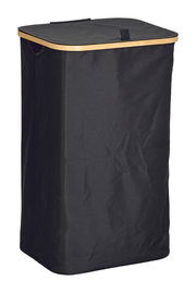 Schwarzer Wäschesammler mit Tragetasche, rechteckige Form, aus Stoff mit Holzrahmen, seitliche Perspektive