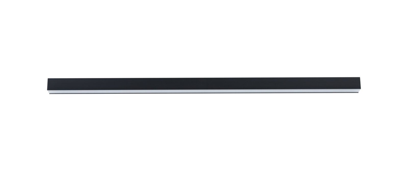 PAULMANN Lichtkanal 100 cm LINION Schlanke, längliche schwarze LED-Lichtleiste mit diffuser Unterseite auf weißem Hintergrund, Frontansicht.