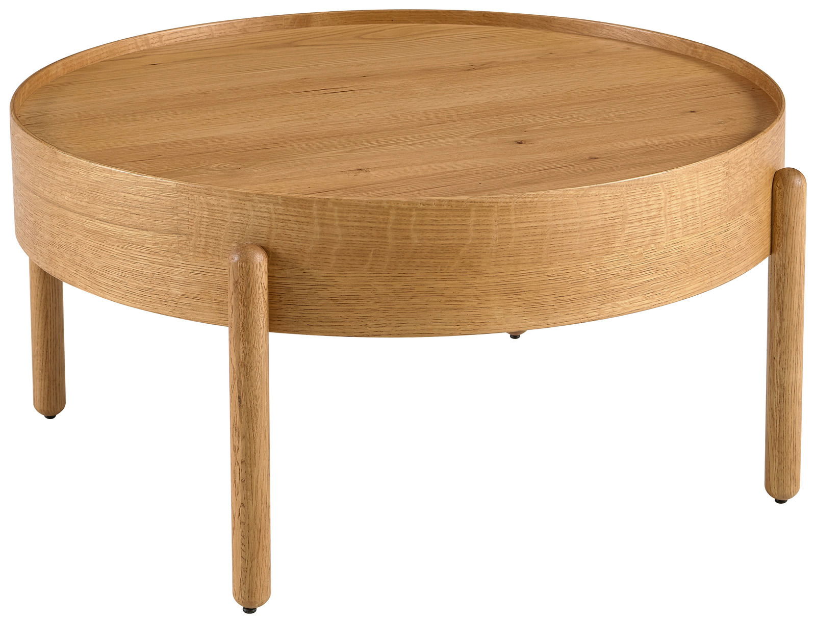 Runder Couchtisch aus Holz mit drei Beinen, seitliche Perspektive